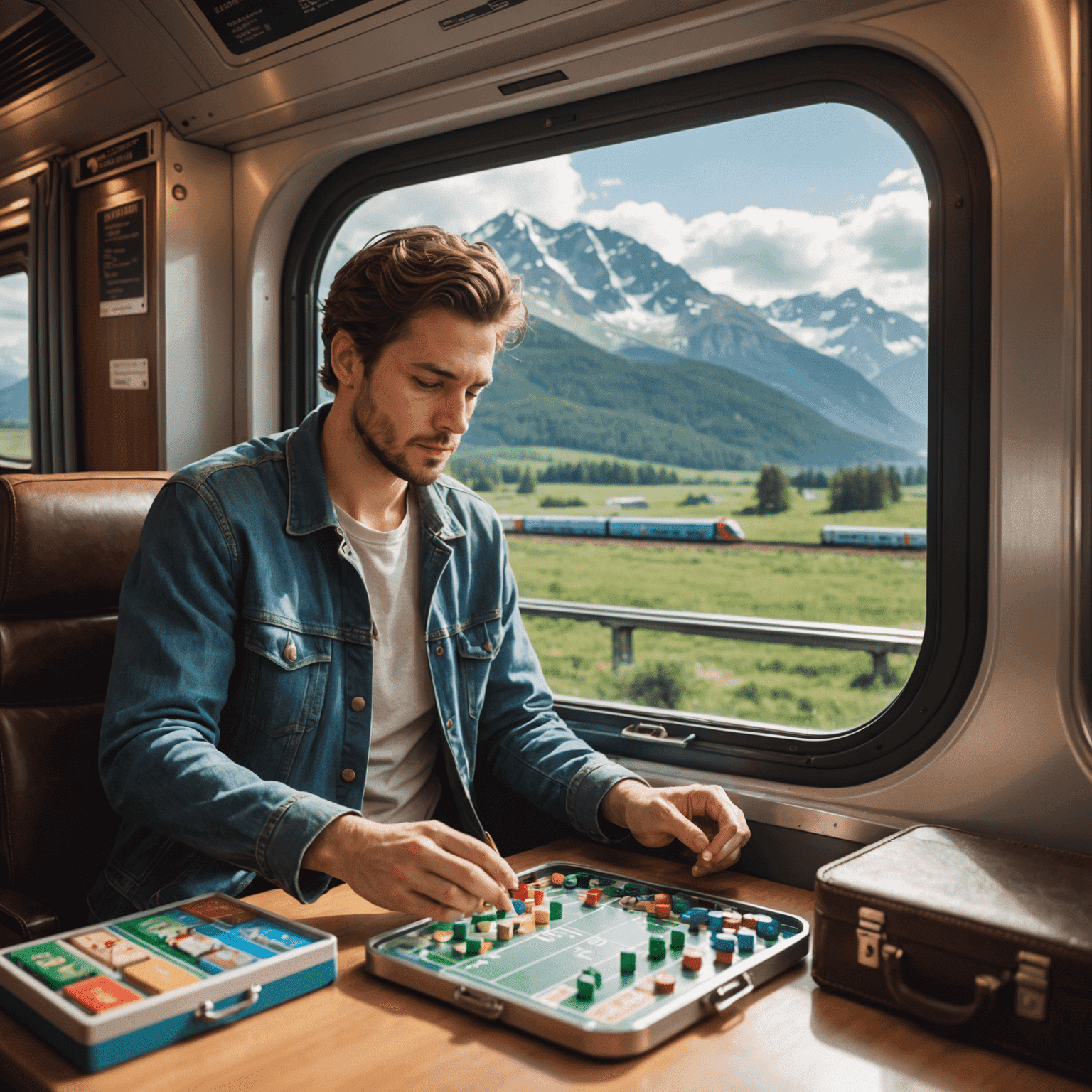 Een reiziger die een compact bordspel speelt in een trein, omringd door bagage en een prachtig landschap buiten het raam