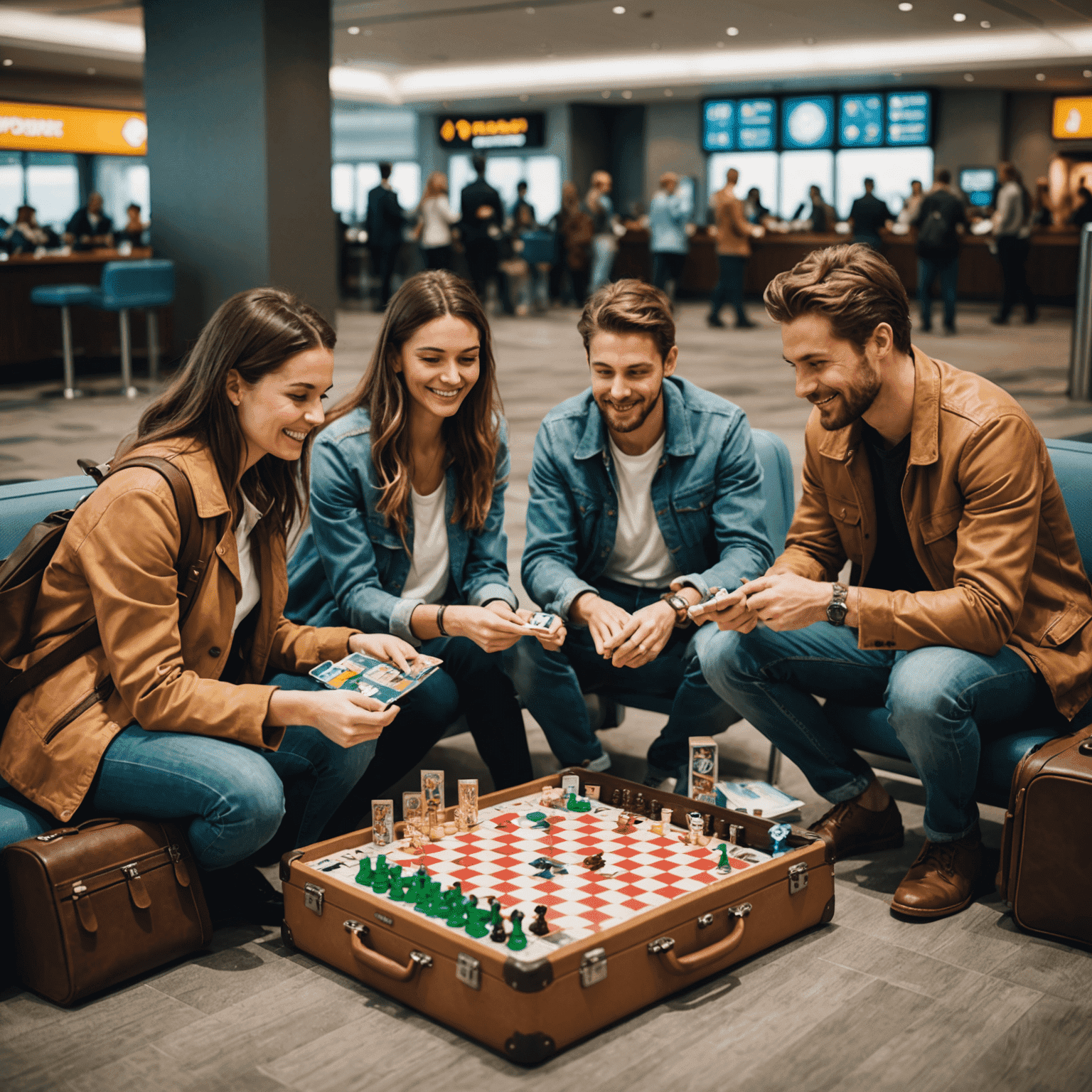 Een groep reizigers die een bordspel spelen in een luchthaven lounge, met koffers en reistassen naast zich