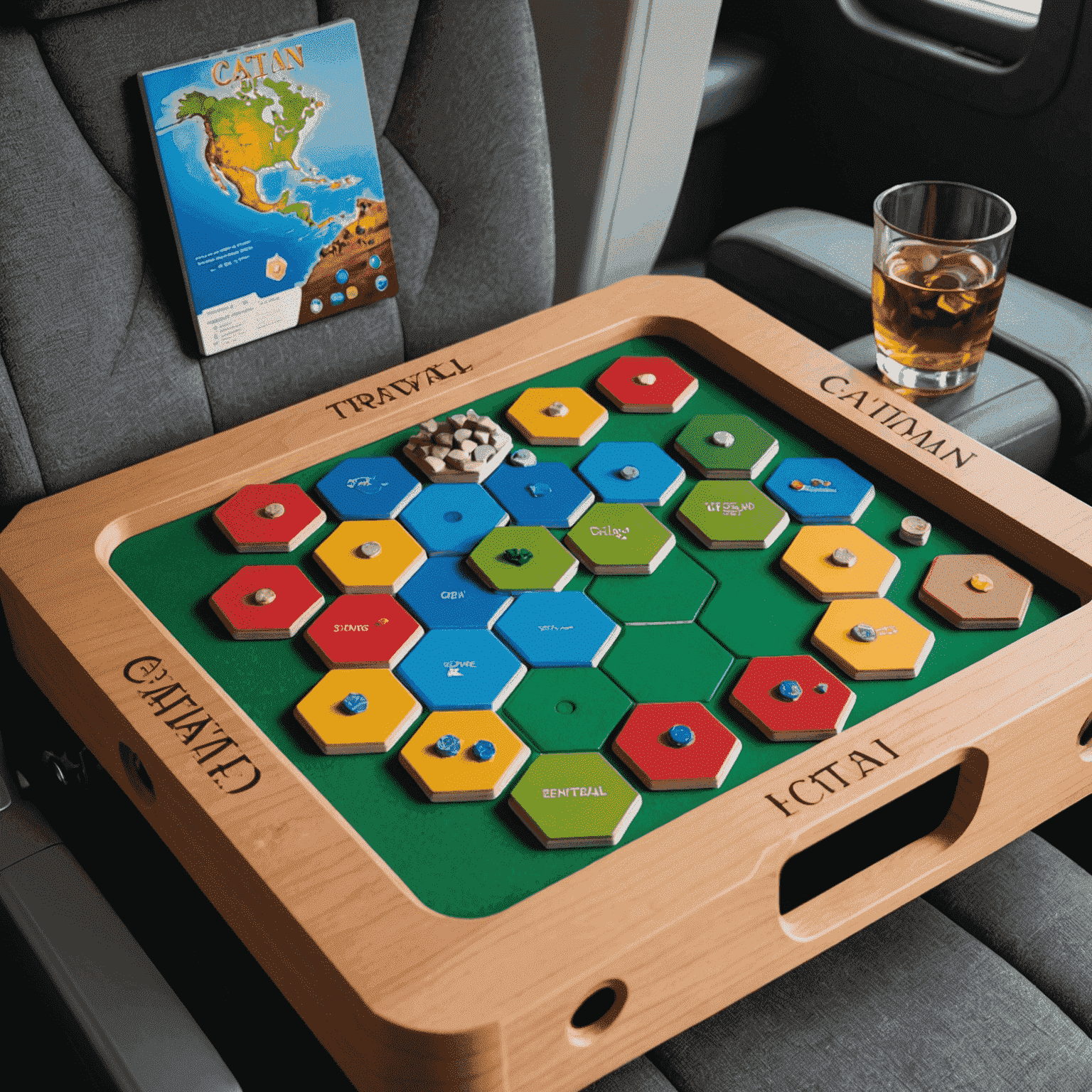 Reispocket Catan-spel uitgestald op een kleine vliegtuigtafel, met magnetische stukken die op hun plaats blijven