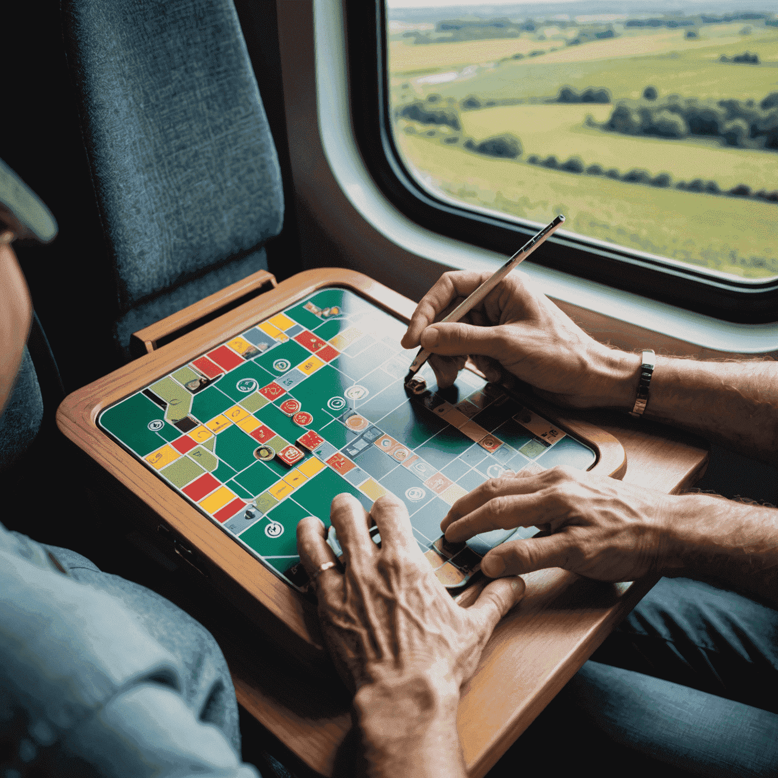 Close-up van handen die een compact bordspel spelen op een kleine opklaptafel in een trein, met uitzicht op het voorbijgaande landschap door het raam