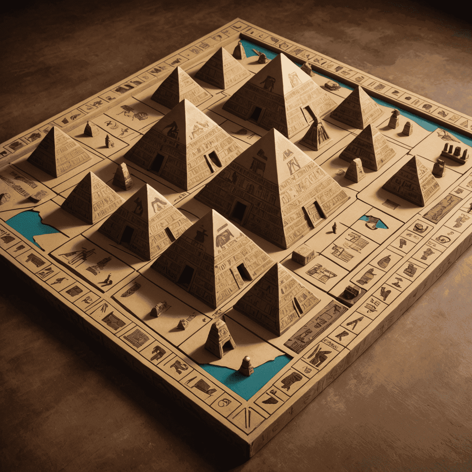 Een bordspel met een Egyptisch thema, met miniatuur piramides, sfinxen en hiërogliefen