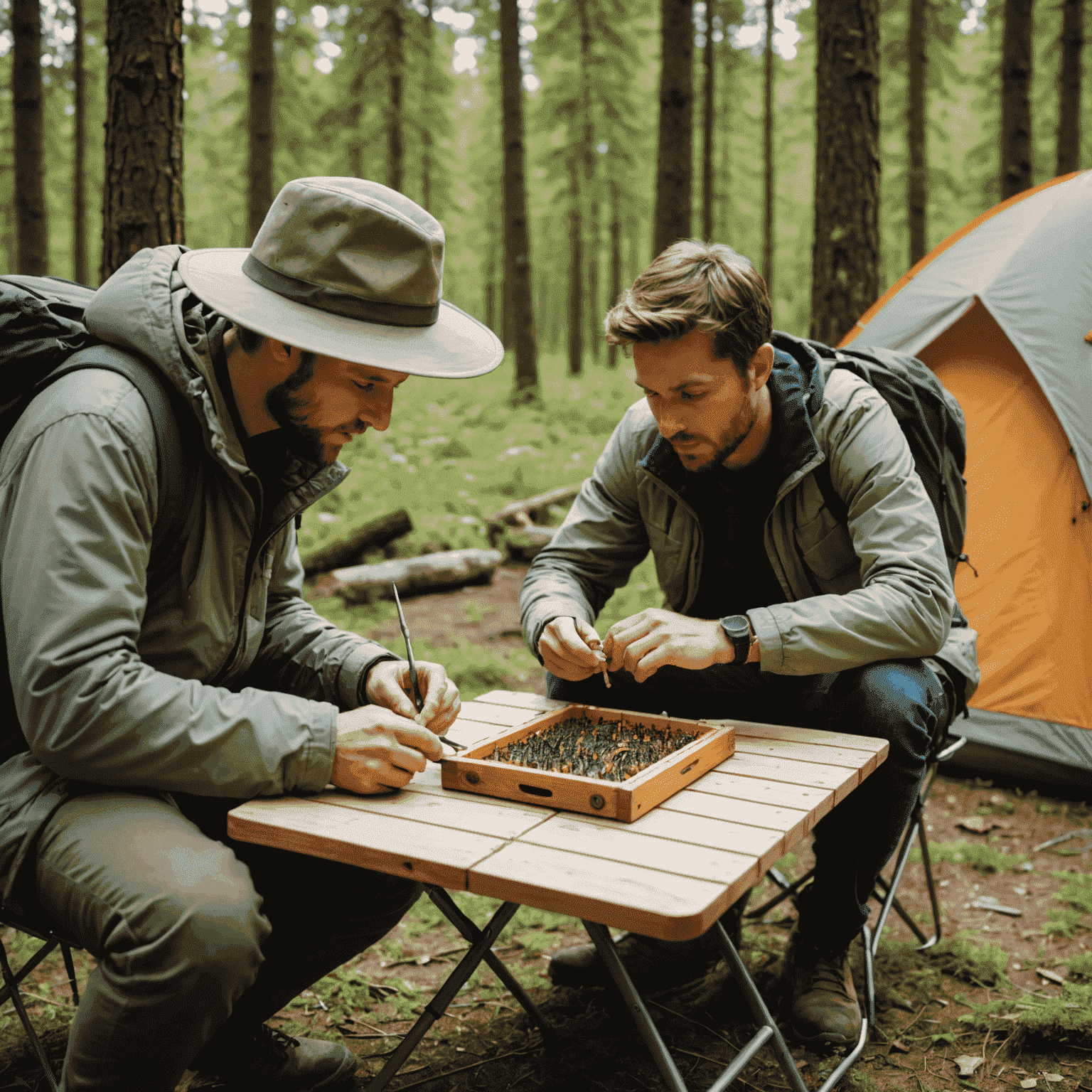 Twee reizigers die Hive Pocket spelen op een kleine campingtafel in de natuur