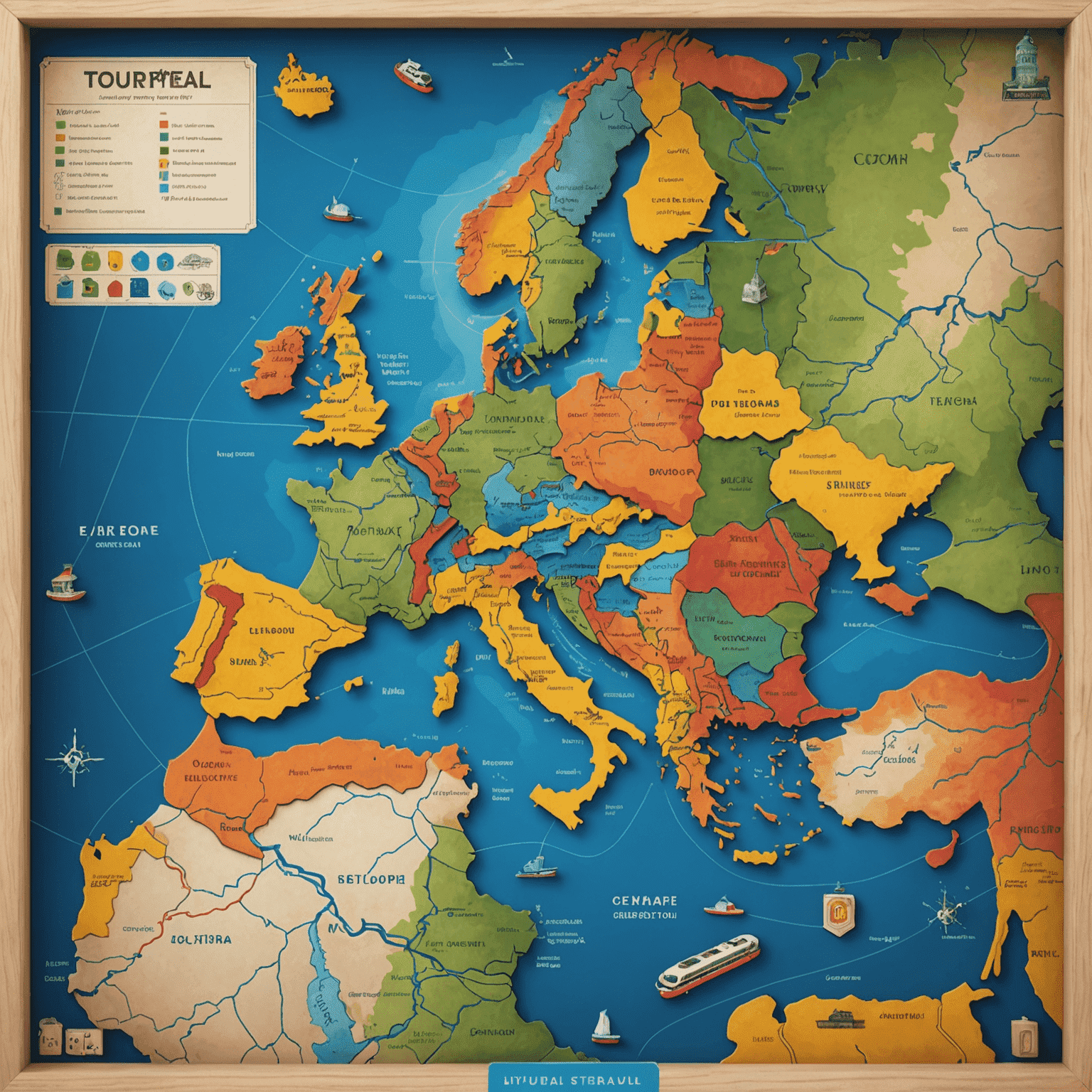 Een bordspel met een kaart van Europa, kleurrijke treinlijnen en miniatuur treinen