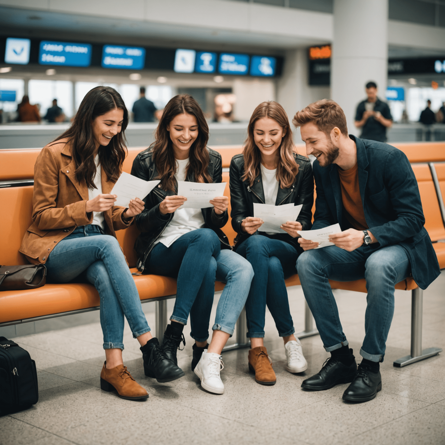 Een groep vrienden die Love Letter speelt in een luchthavenwachtruimte, lachend en genietend