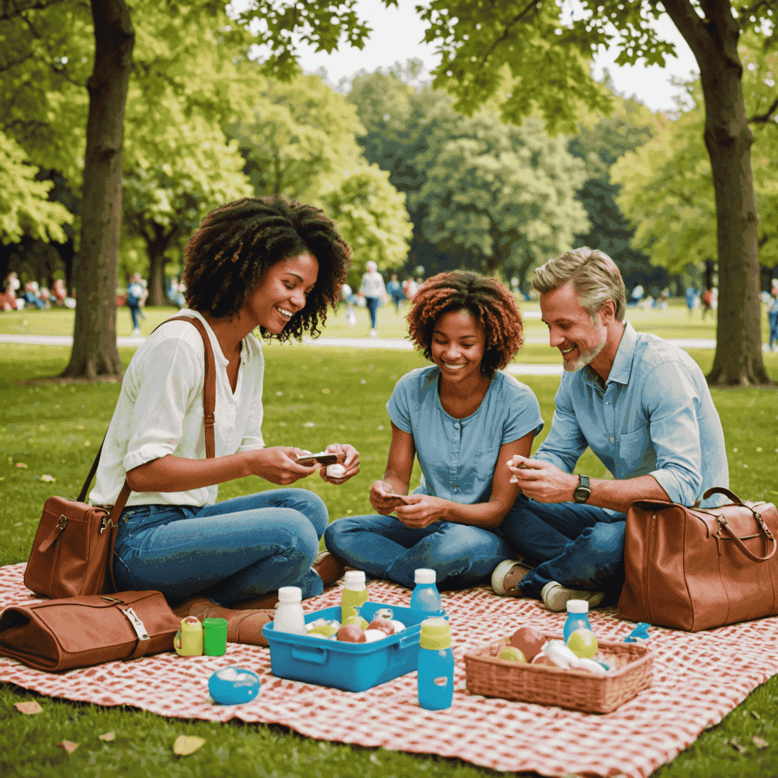 Een familie die Dobble speelt op een picknickdeken in een park, met reistassen naast hen