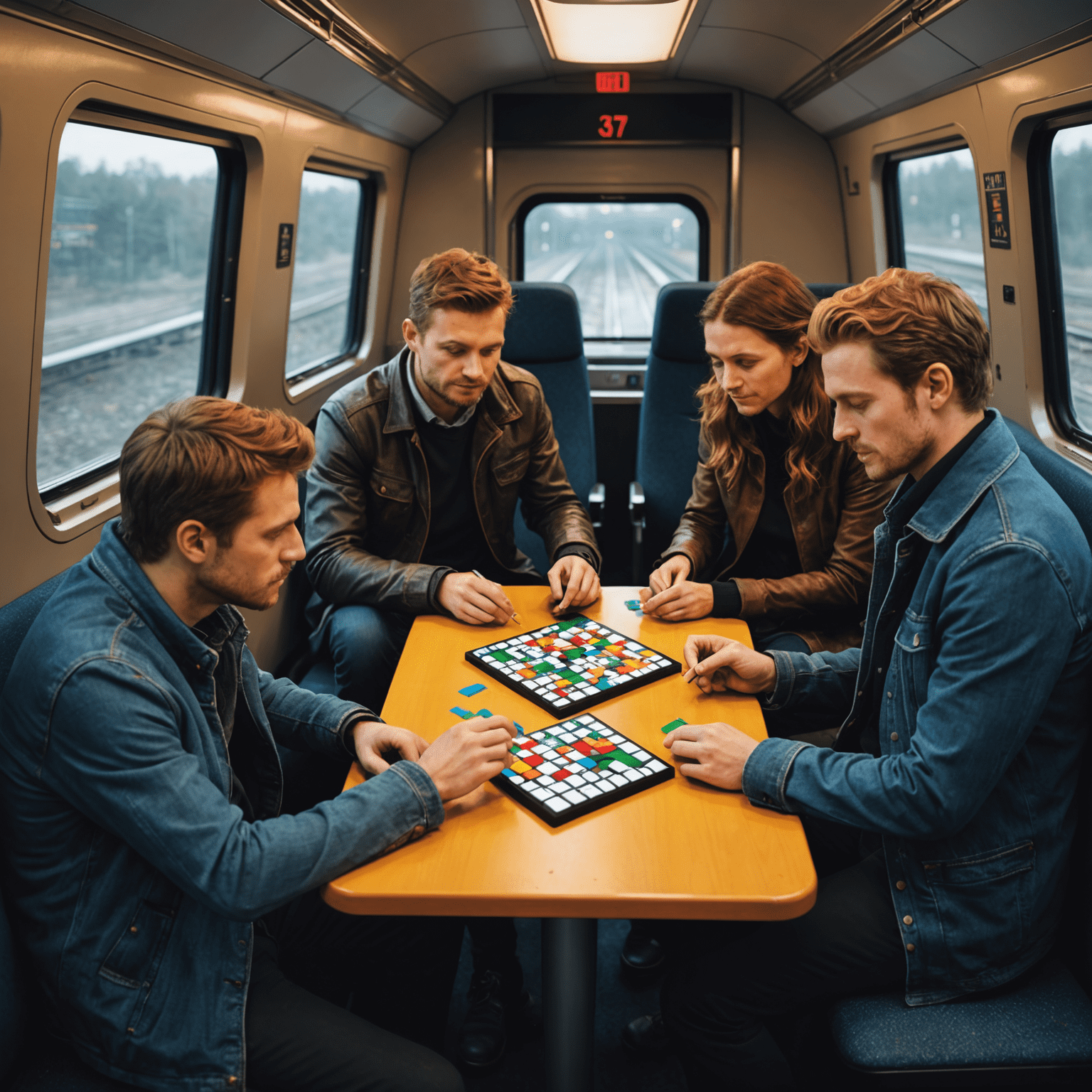 Reizigers die de reisversie van Qwirkle spelen op een kleine tafel in een treincoupe